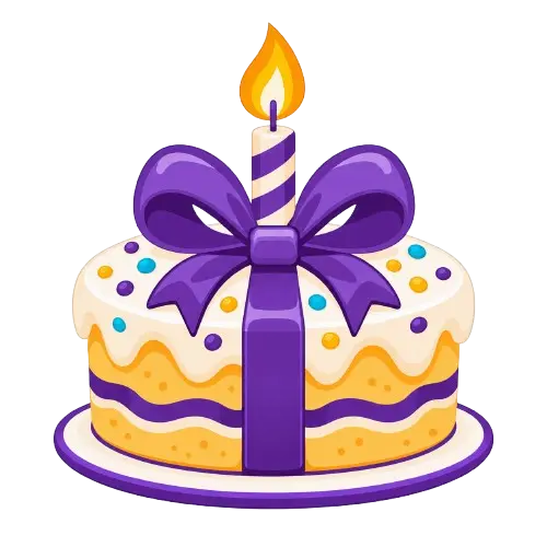 Birthday cake logo with a purple ribbon, colourful dots, and a lit candle