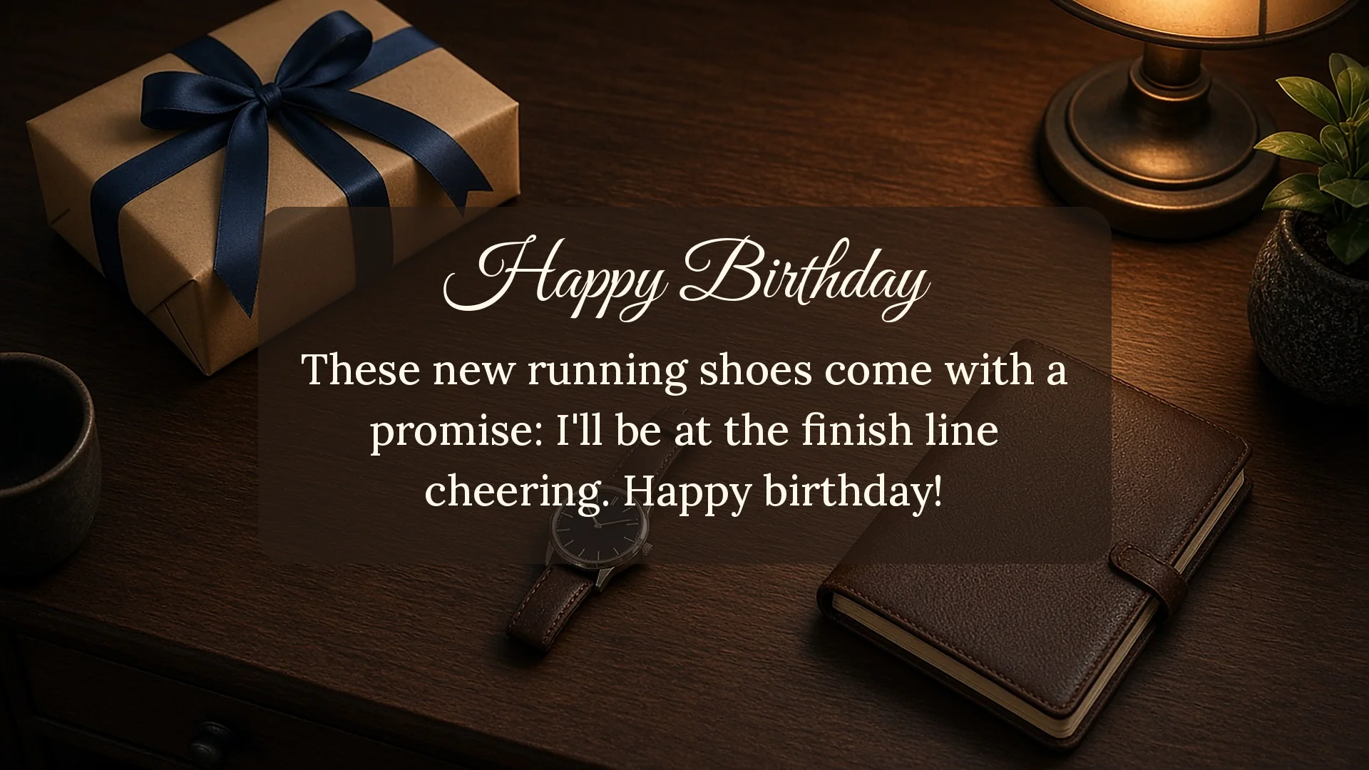 Birthday gift card for a husband with kraft-wrapped present and watch promising to cheer at the finish line