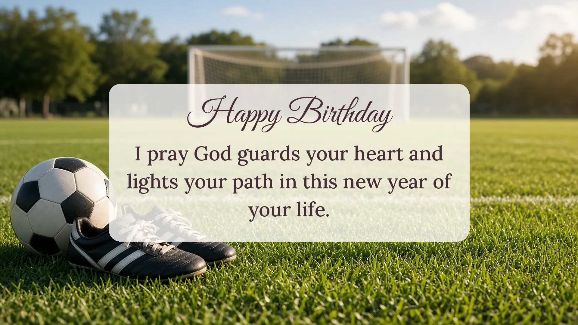 Birthday prayer card for a son with soccer ball and cleats asking God to guard his heart and light his path