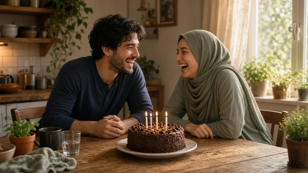Brother and sister laughing over a chocolate birthday cake, sharing happy birthday wishes for brother at a kitchen table