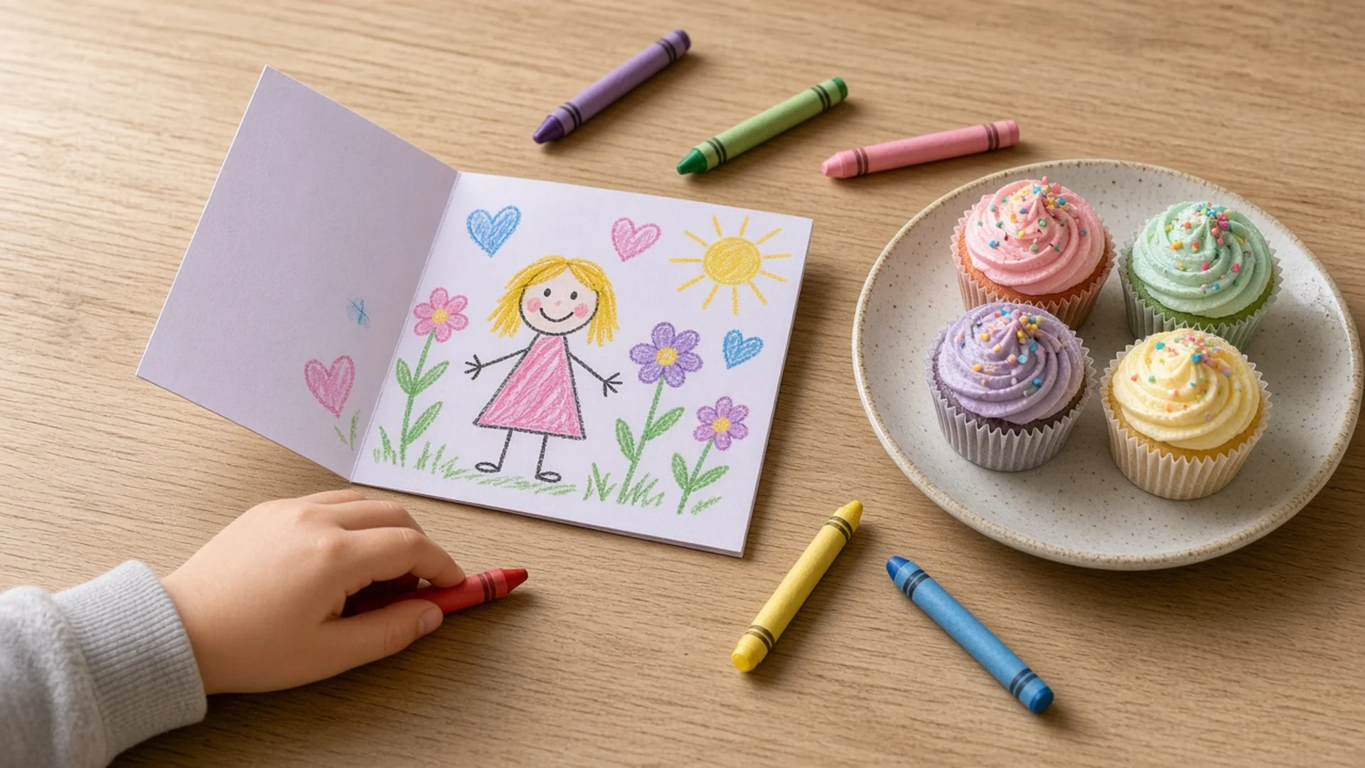 Child's crayon-drawn birthday card for mom beside pastel cupcakes on a kitchen table