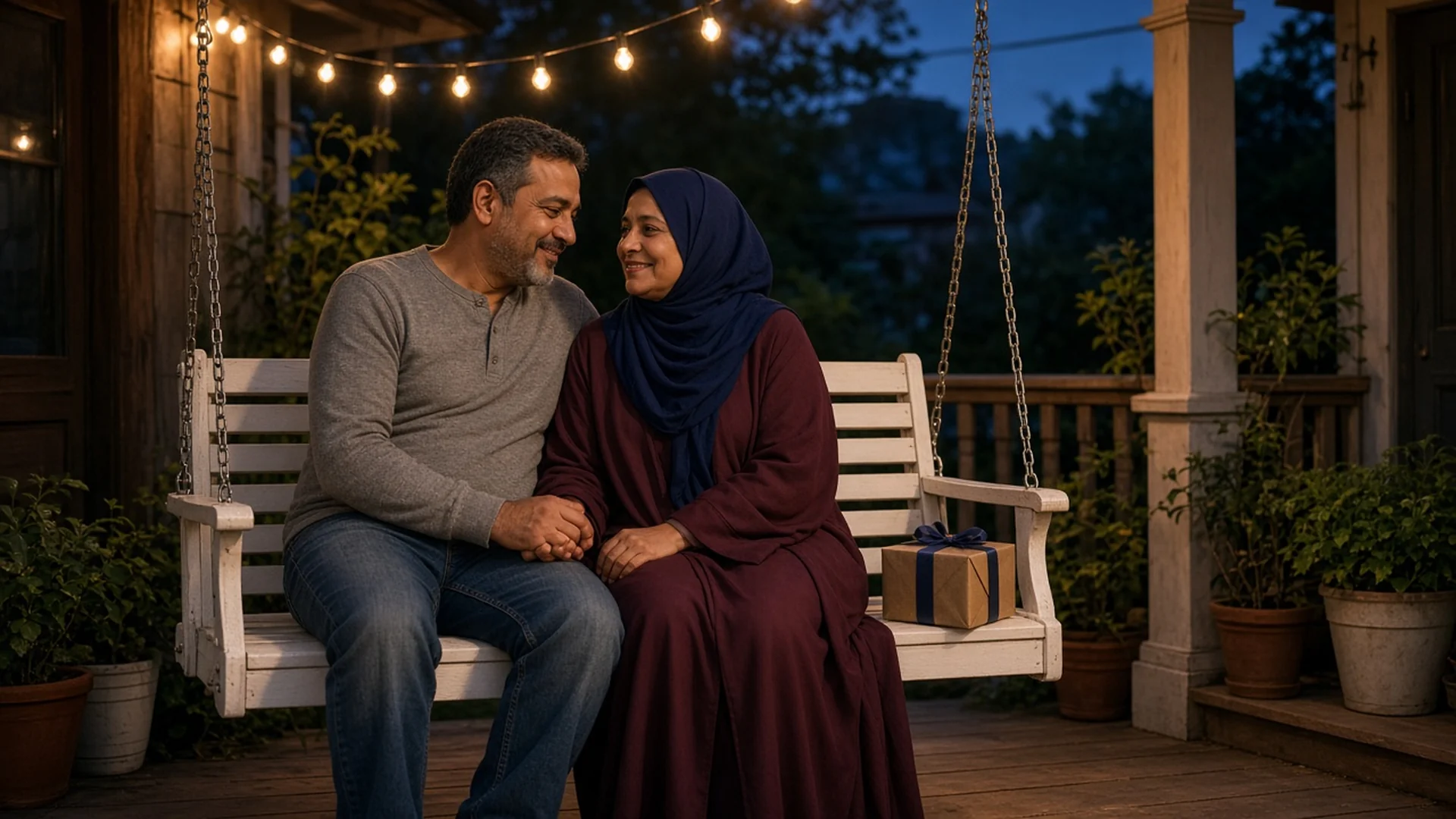 Couple holding hands on a porch swing under string lights at dusk with a birthday gift for husband