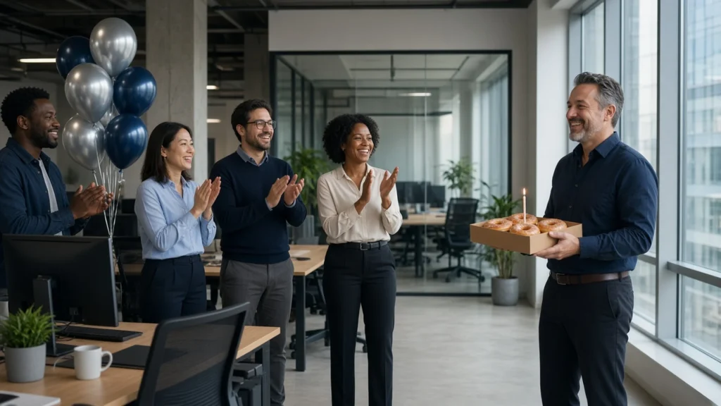 Coworkers clapping for a colleague holding birthday donuts with a candle in an office
