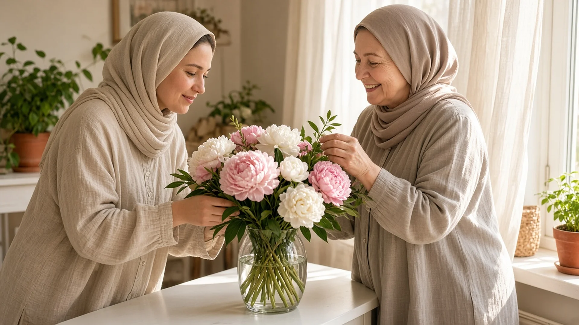 Daughter and mother in headscarves arranging peonies in a glass vase by a sunny window for happy birthday wishes for mother