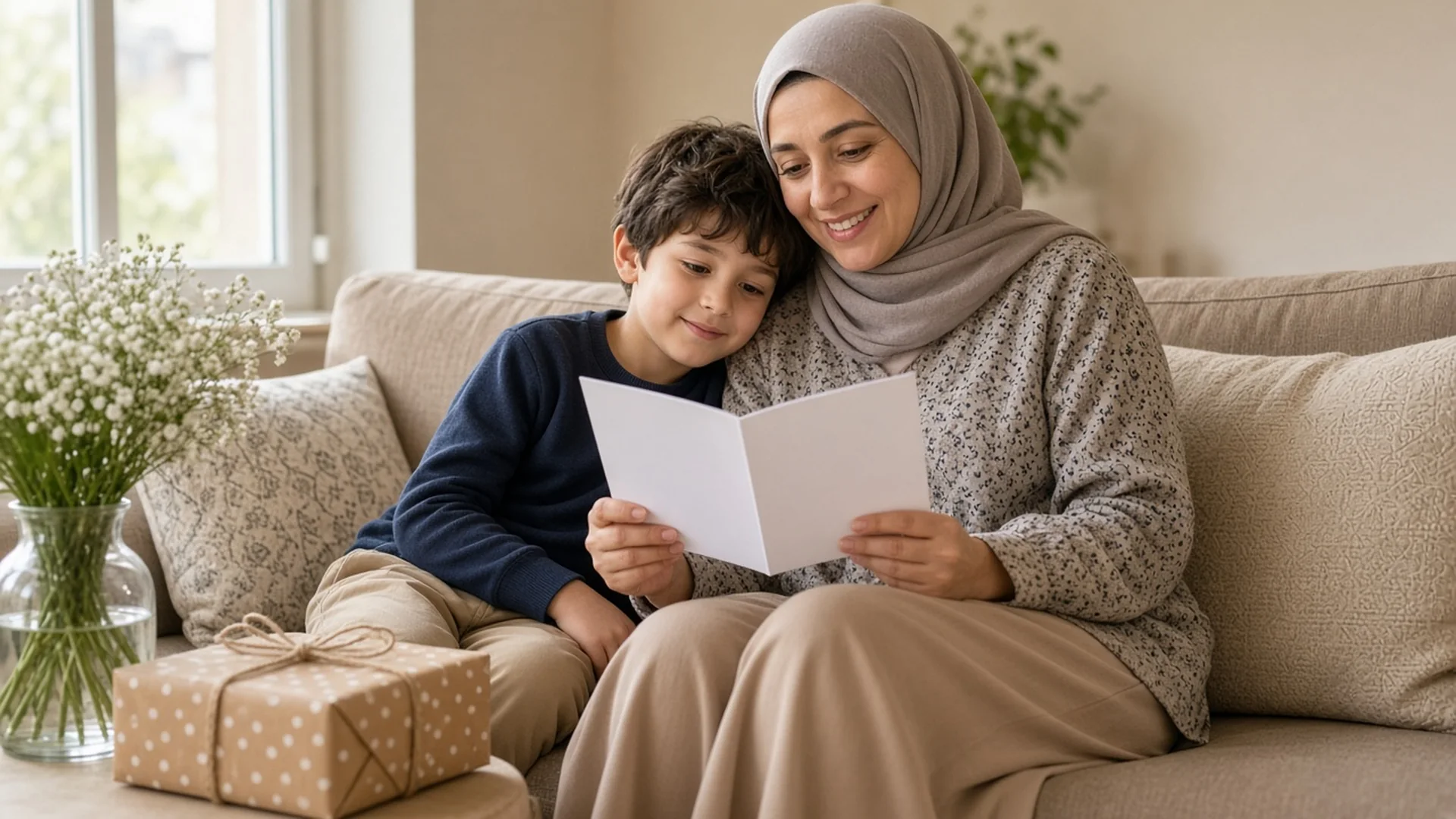 Grown daughter reading a birthday card on the sofa as her young son looks on
