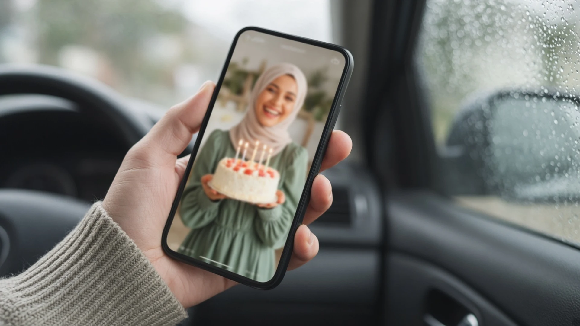Hand holding a phone showing a birthday photo post for daughter inside a car on a rainy day