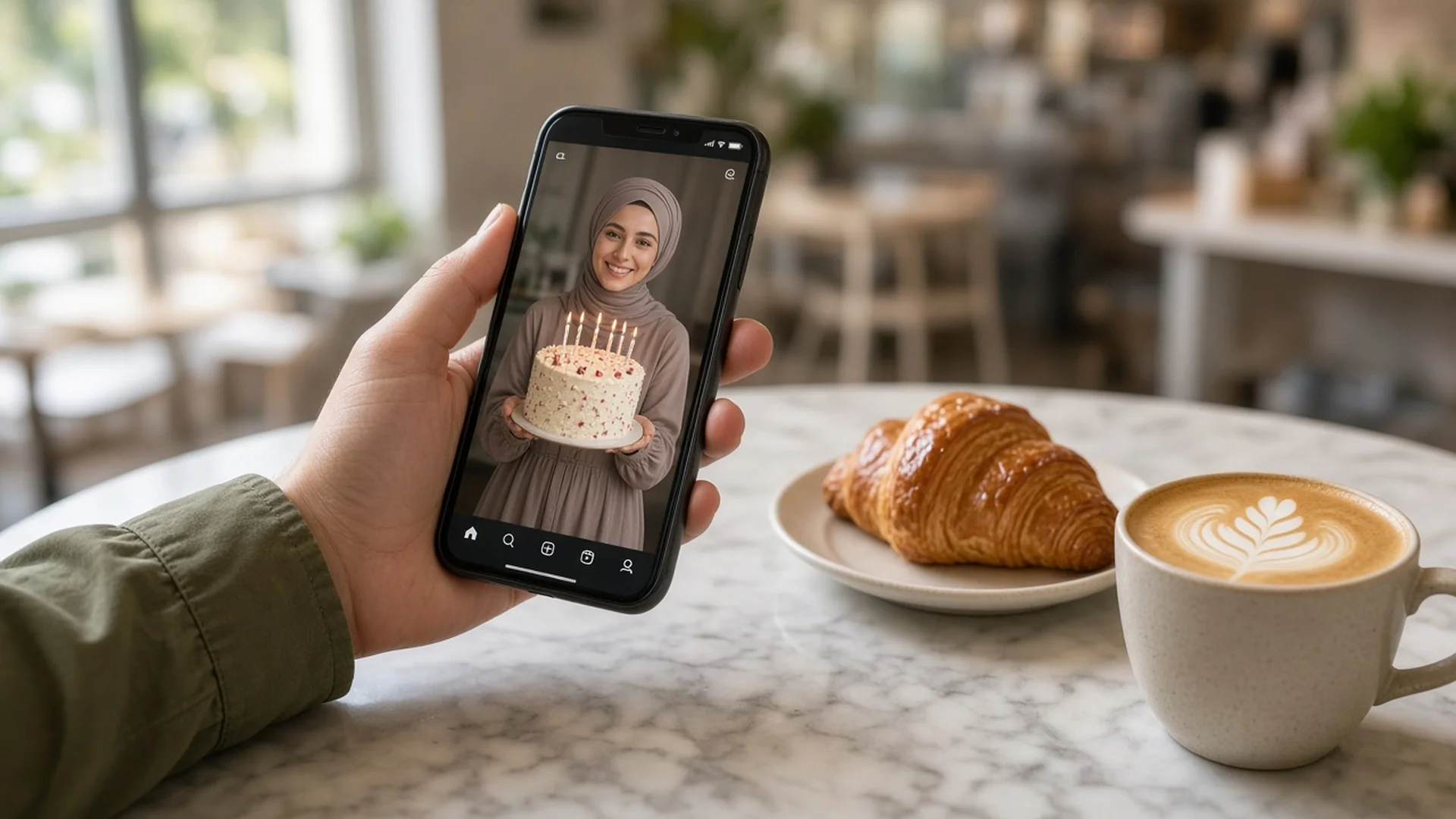 Hand holding a phone showing a birthday photo post for wife over a cafe table