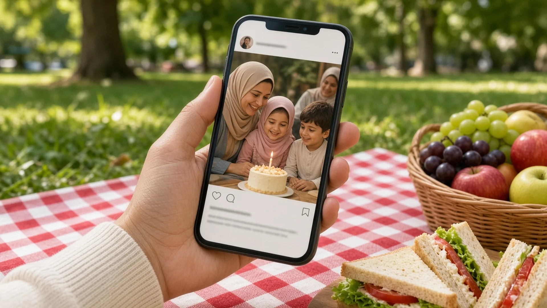 Hand holding a phone showing a family birthday photo post for mom over a picnic blanket