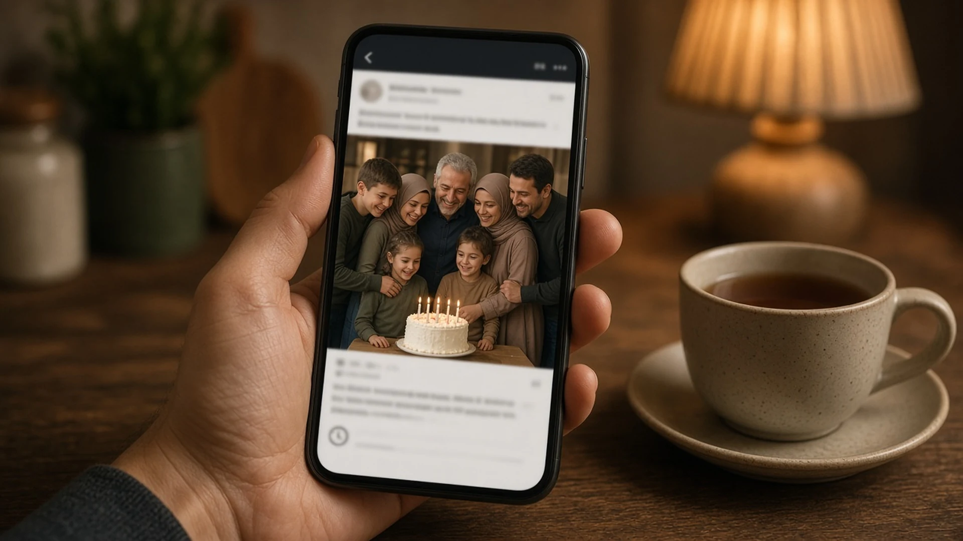 Hand holding a phone showing a social post photo of a father surrounded by family around a birthday cake