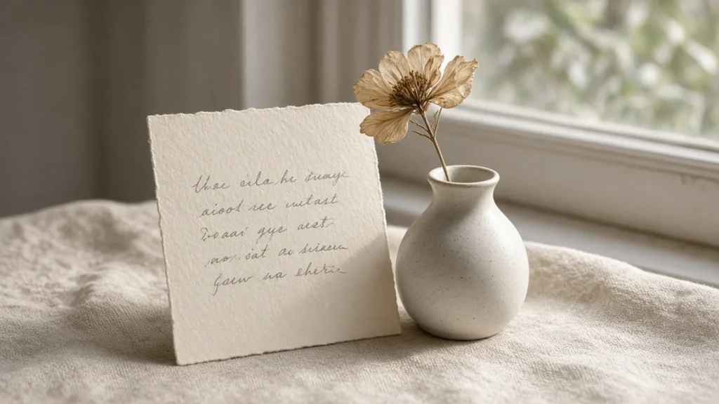Handwritten birthday card for sister propped against a small vase with a pressed flower