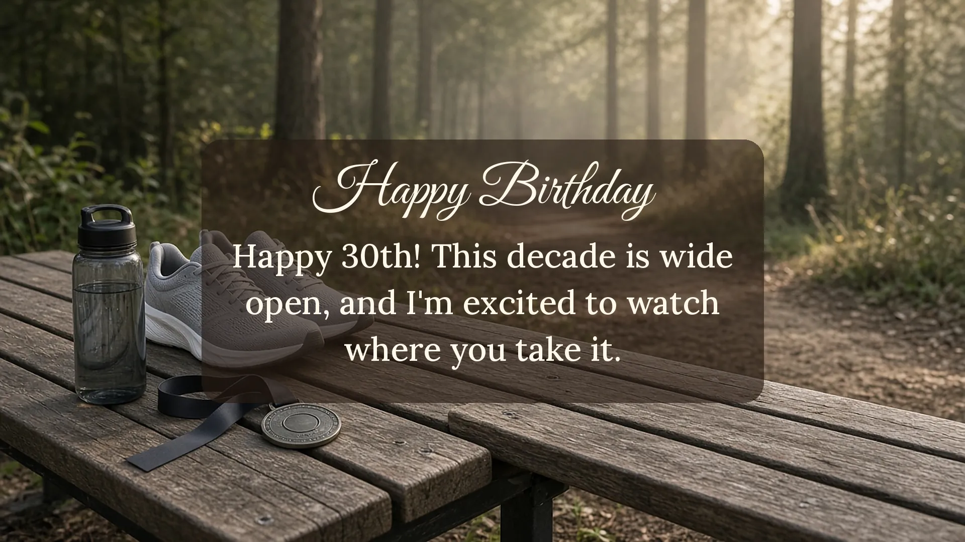 Happy 30th birthday card for a husband with running shoes on a forest trail saying the decade is wide open