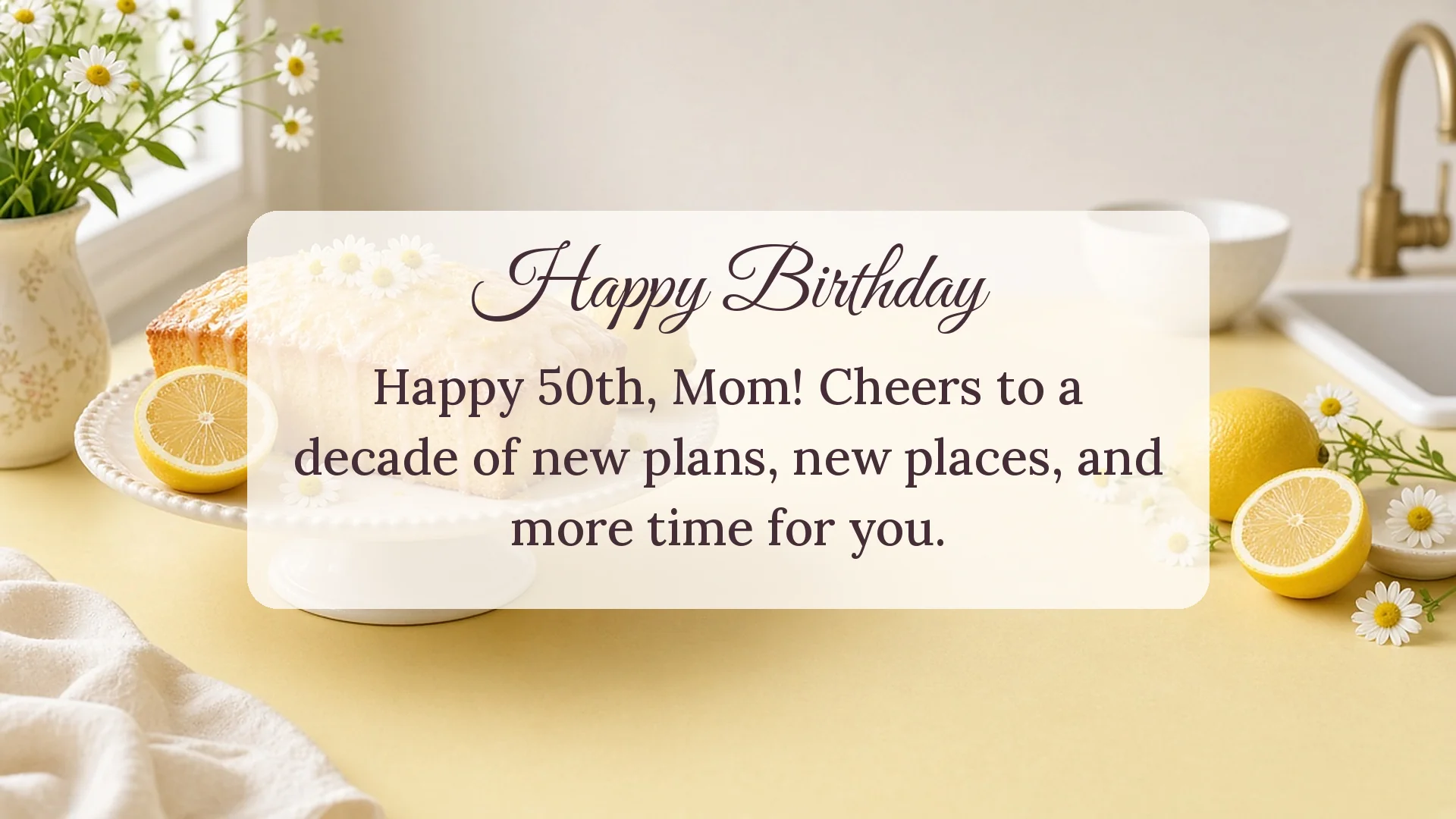 Happy 50th birthday card for mom with lemon loaf and daisies cheering new plans, new places and more time