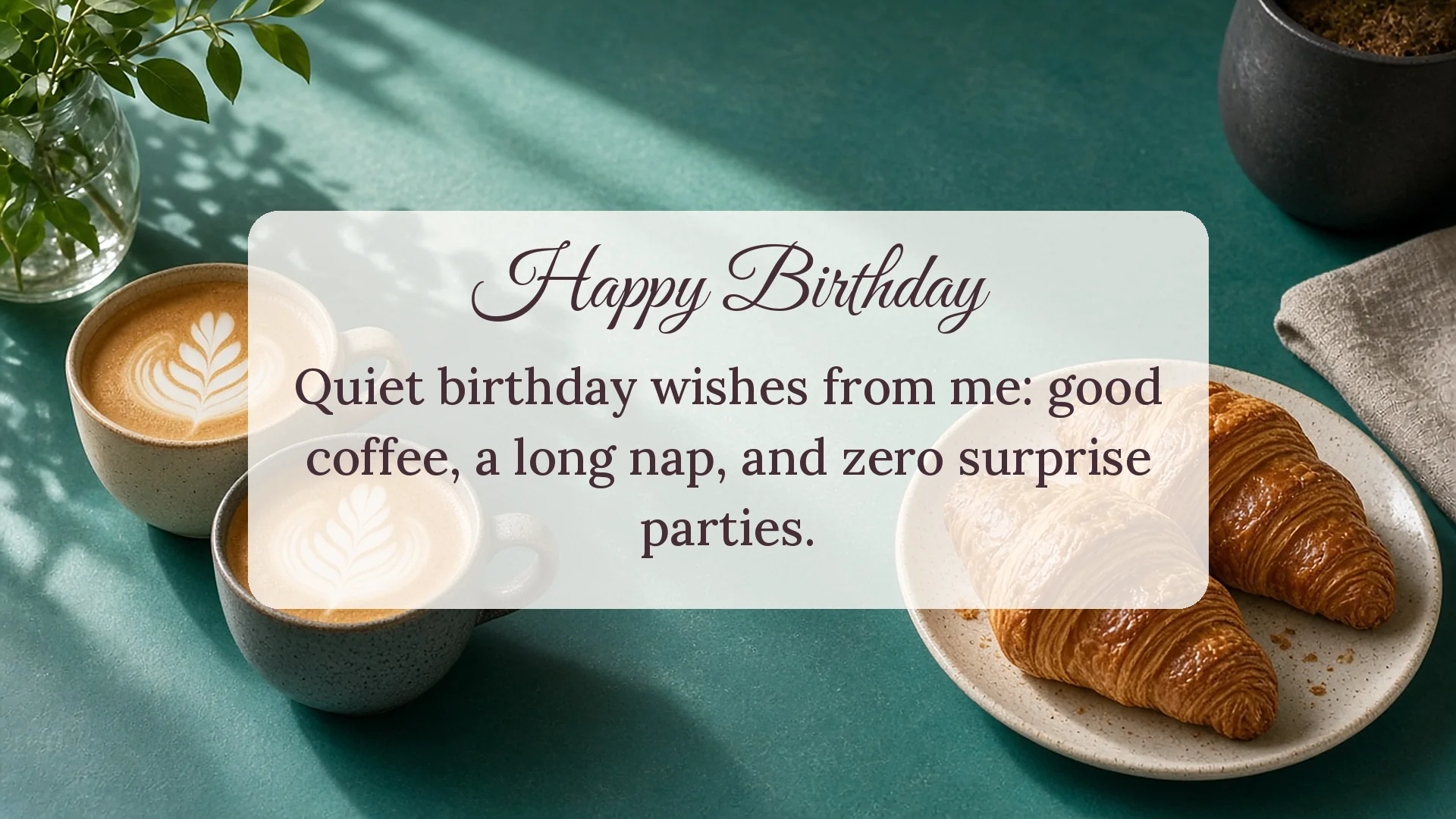 Happy birthday wishes for a friend card with lattes and croissants wishing good coffee, a long nap and zero surprise parties