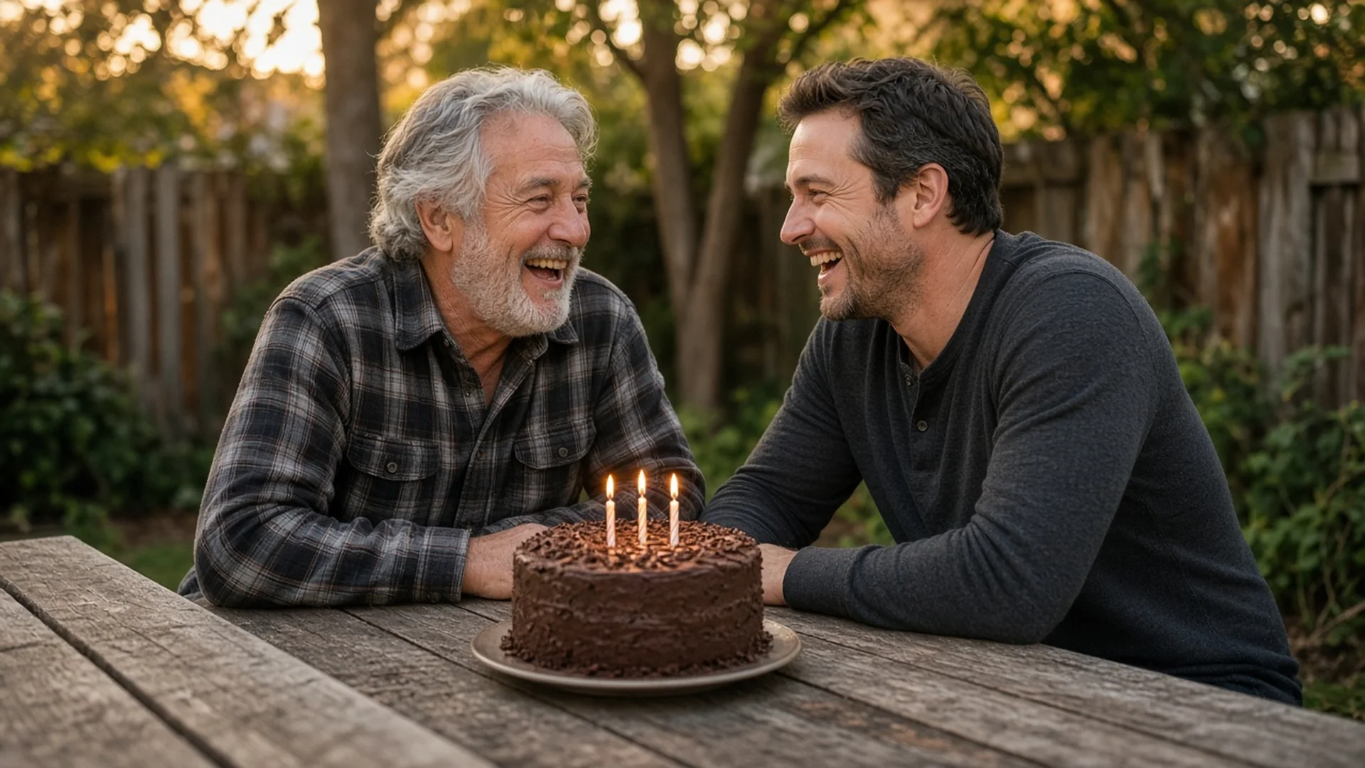 Happy birthday wishes for father shared with laughter at a backyard picnic table with a chocolate cake