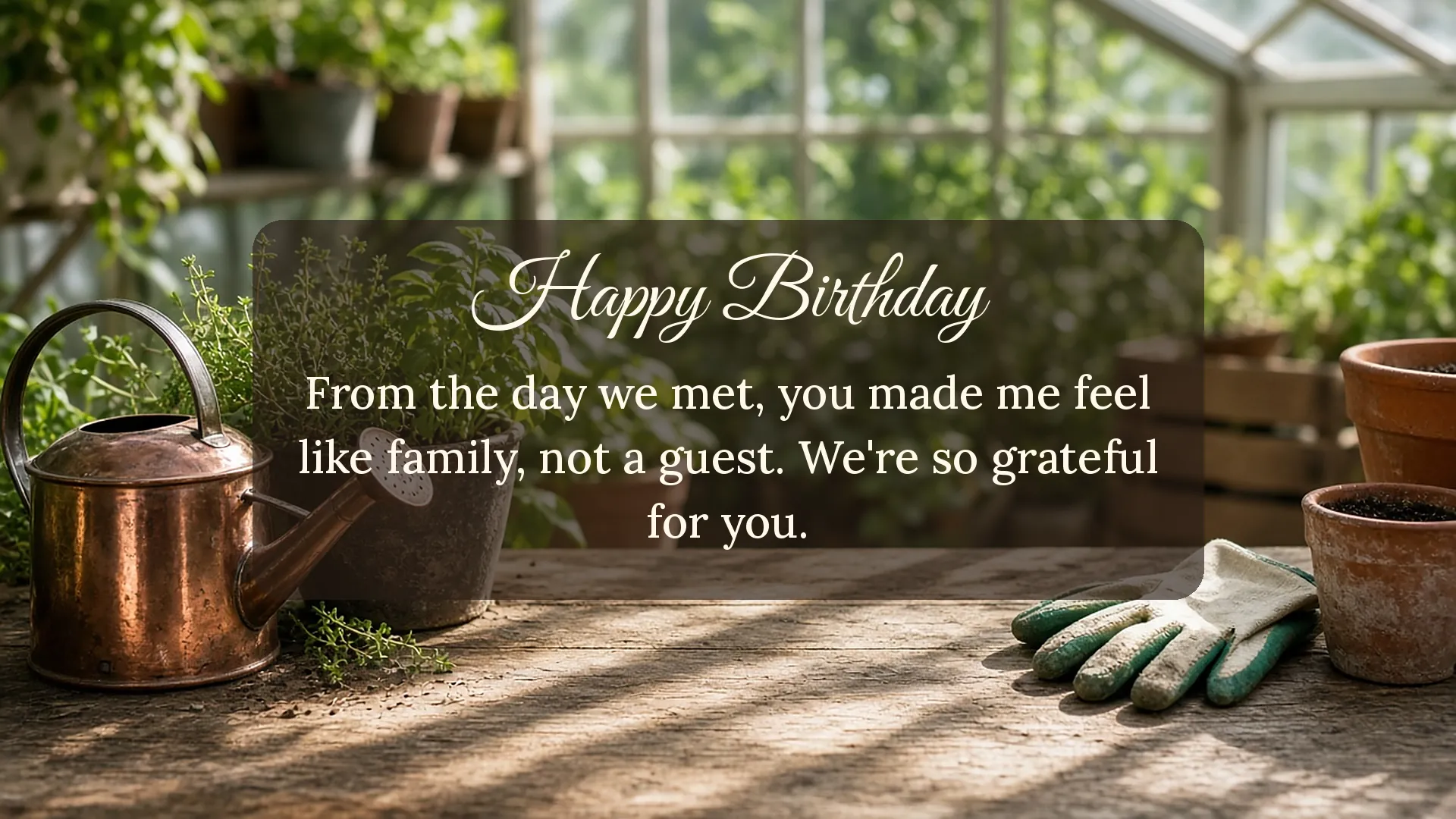 Happy birthday wishes for mother card for a mother-in-law with watering can and herbs about feeling like family, not a guest