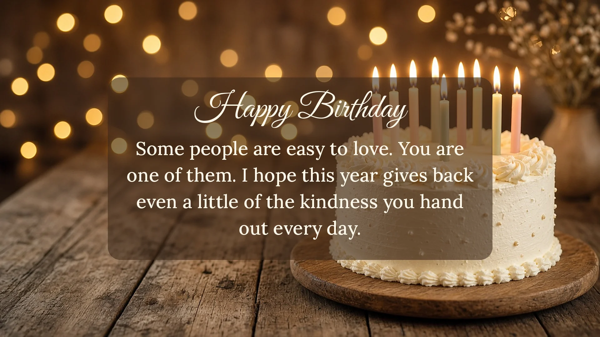 Heartfelt happy birthday wishes card with a cake and lit candles saying some people are easy to love and wishing the year gives back their kindness