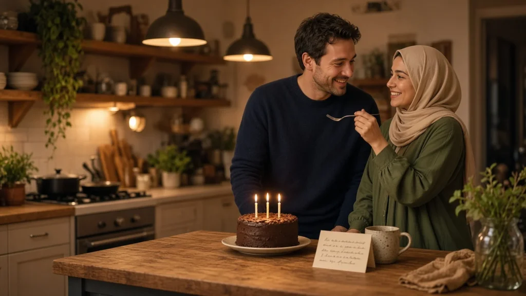 Husband and wife in a headscarf sharing chocolate birthday cake at a kitchen island for happy birthday wishes for husband