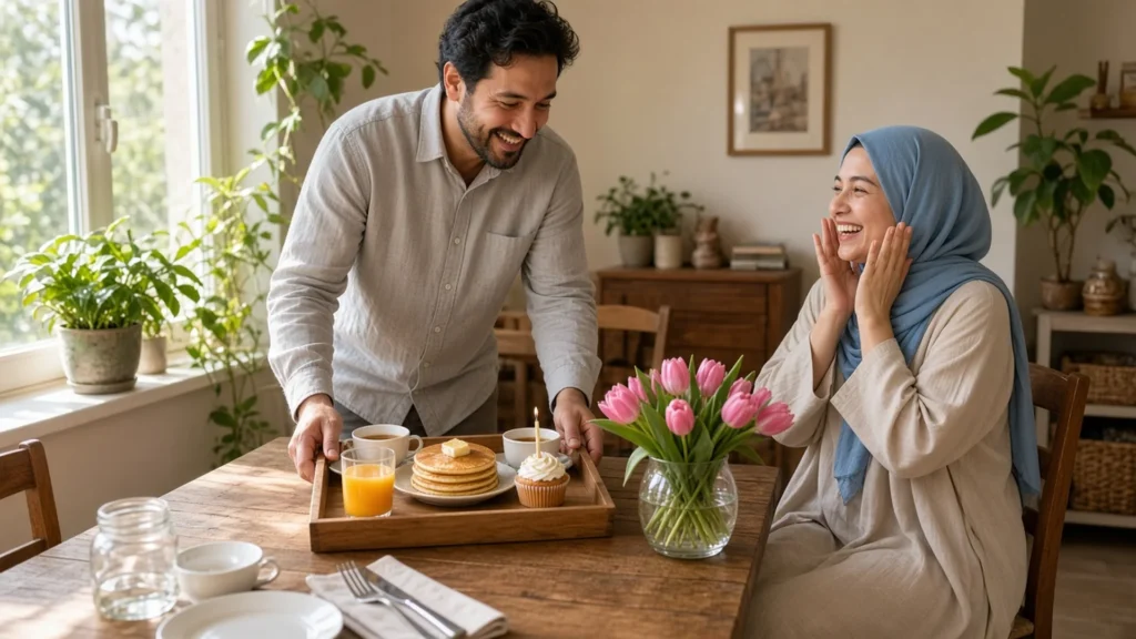 Husband bringing a birthday breakfast tray and tulips to his smiling wife for happy birthday wishes for wife