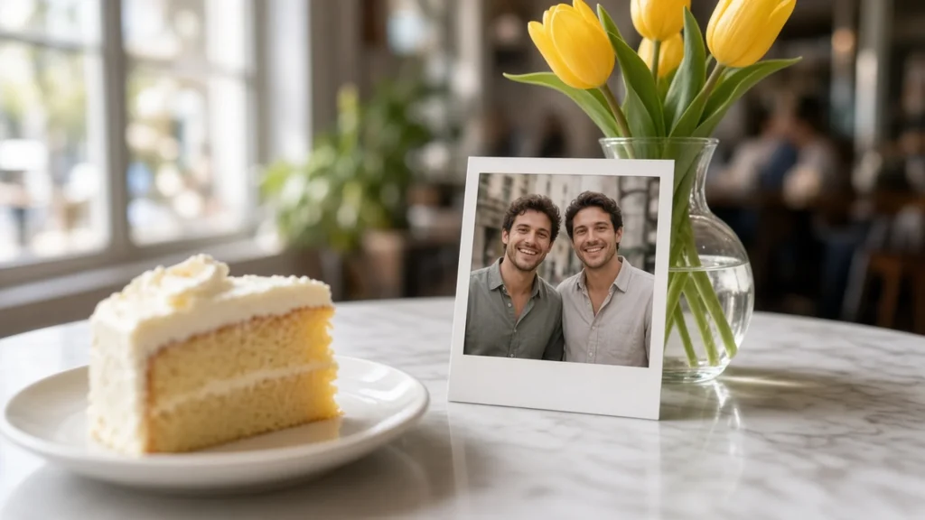 Instant photo of two smiling brothers propped on a cafe table beside birthday cake and tulips