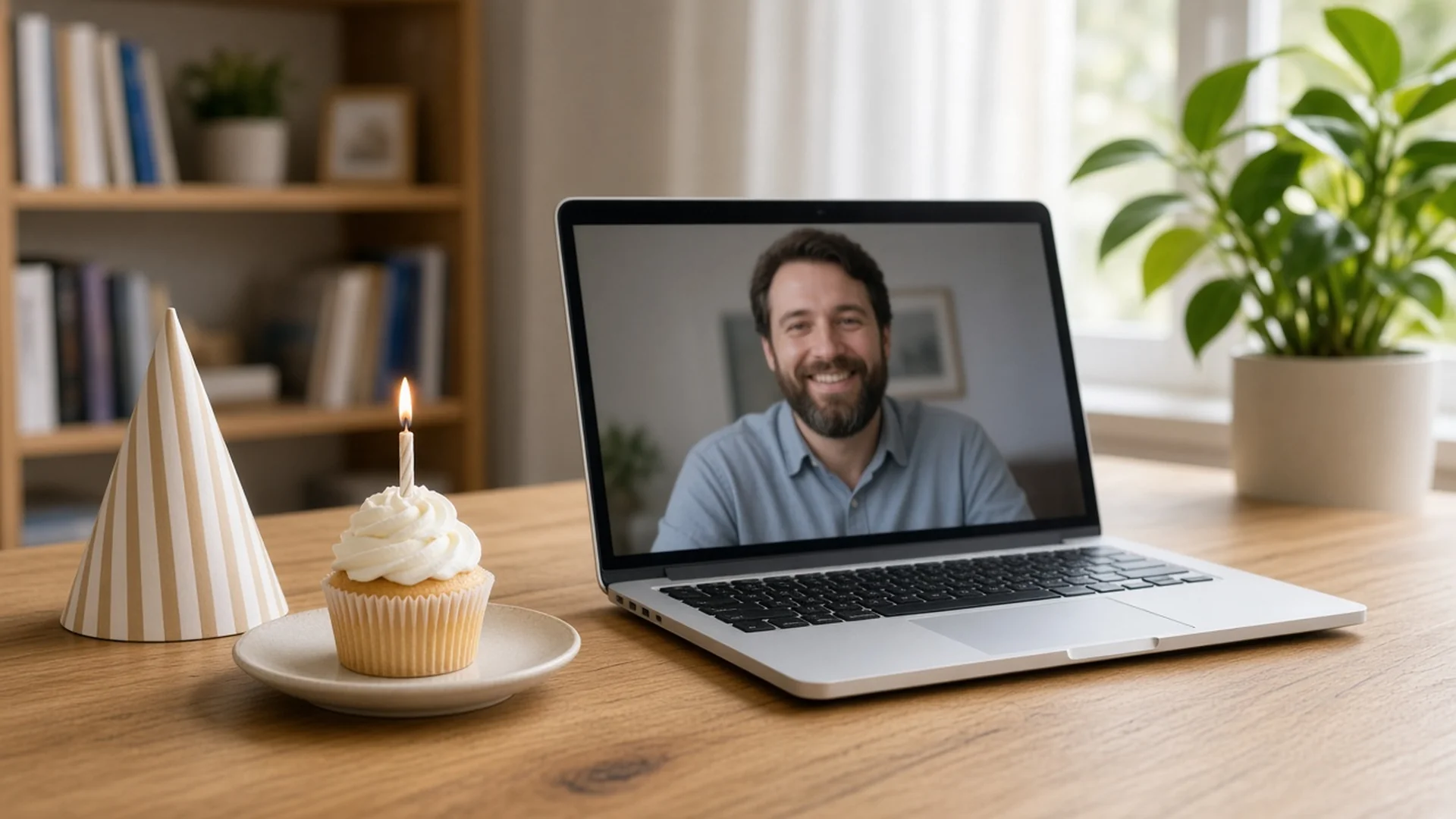 Laptop video call with a smiling husband beside a birthday cupcake and party hat