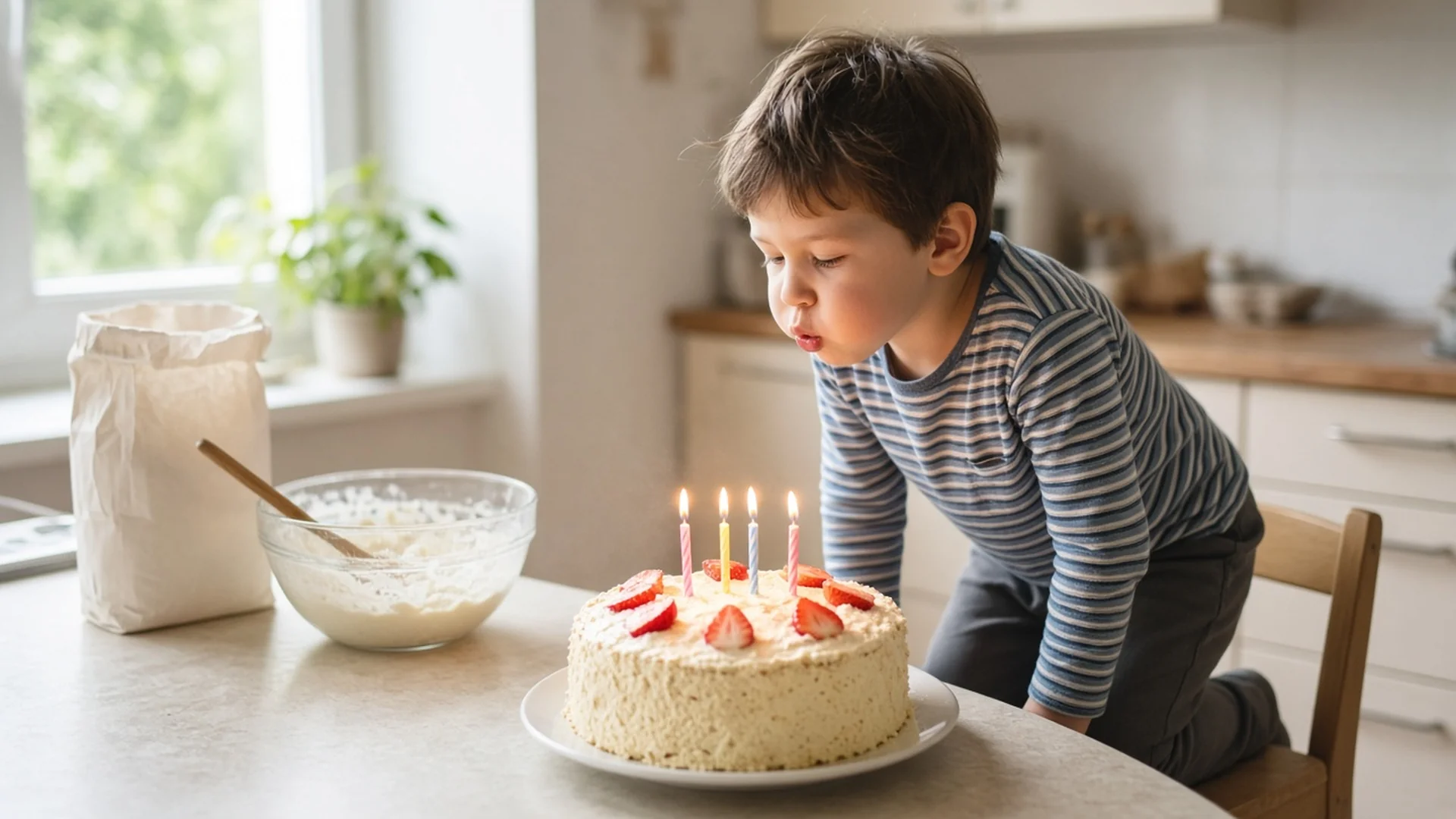 Little boy blowing out candles on a homemade strawberry birthday cake for son