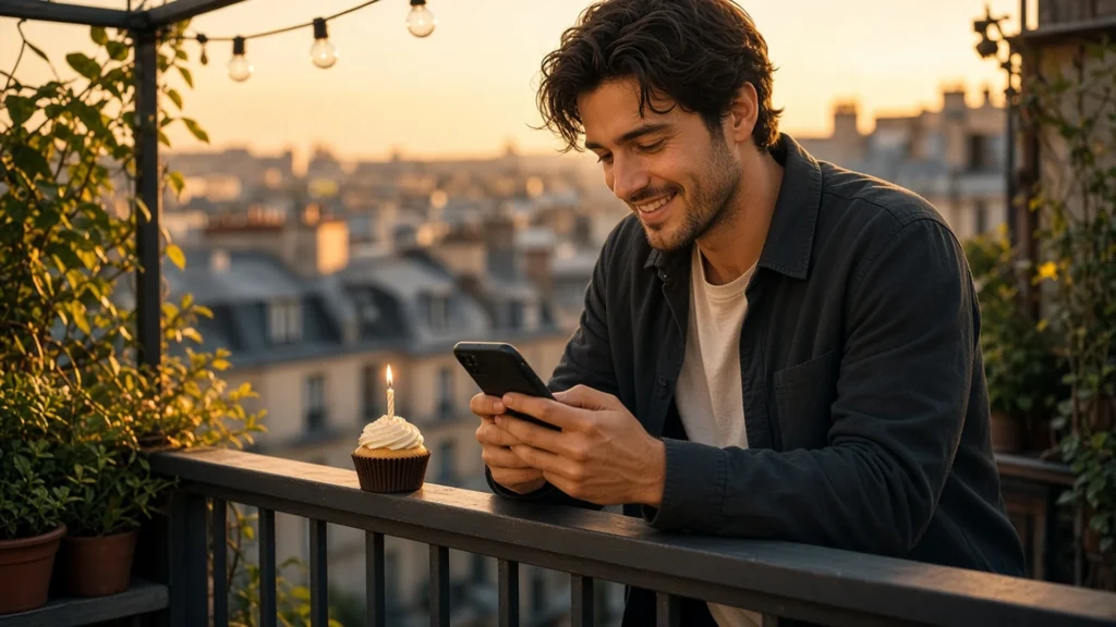 Man smiling at happy birthday wishes on his phone on a balcony at golden hour