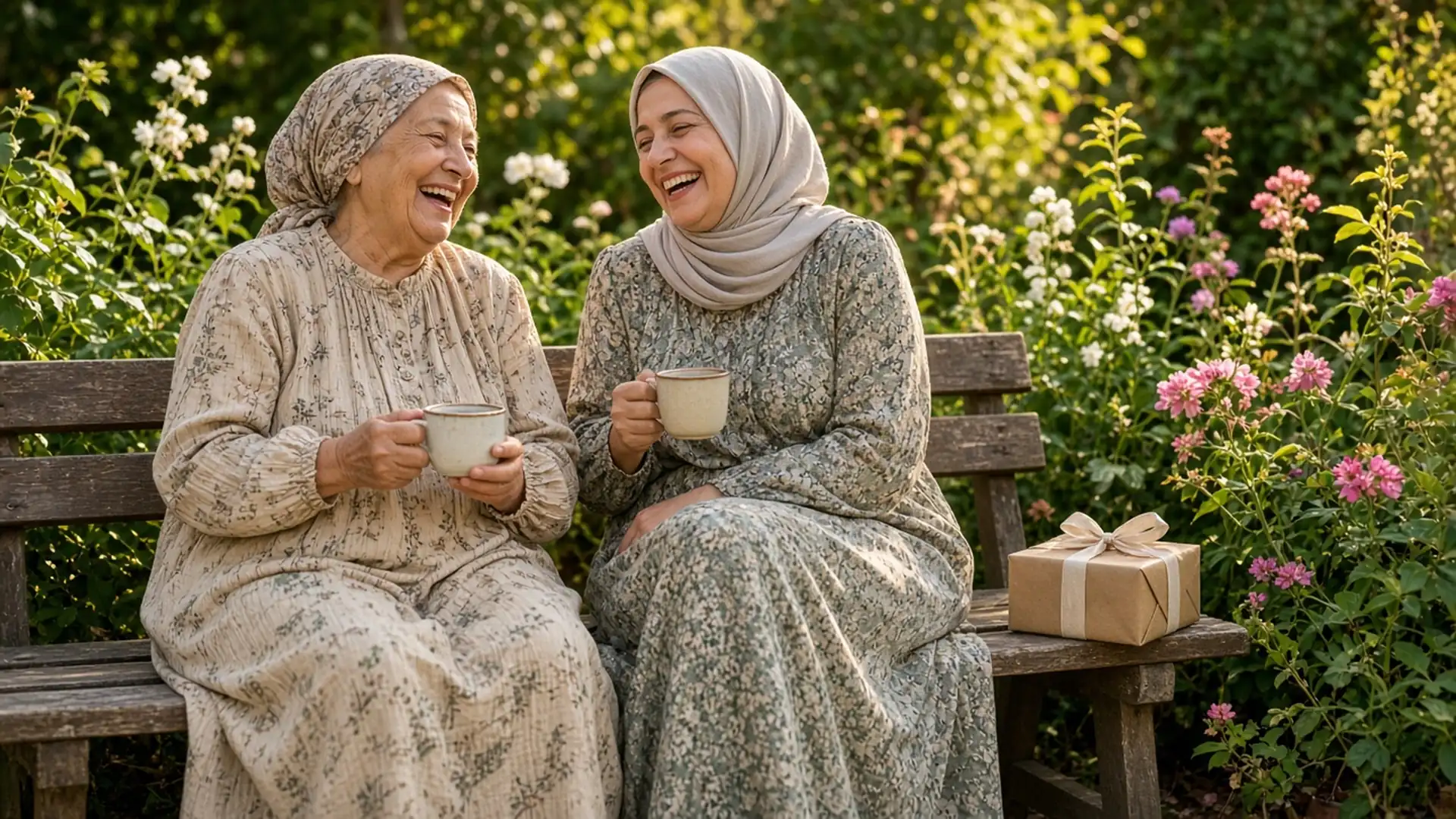 Mother and adult daughter laughing with mugs on a garden bench beside a wrapped gift