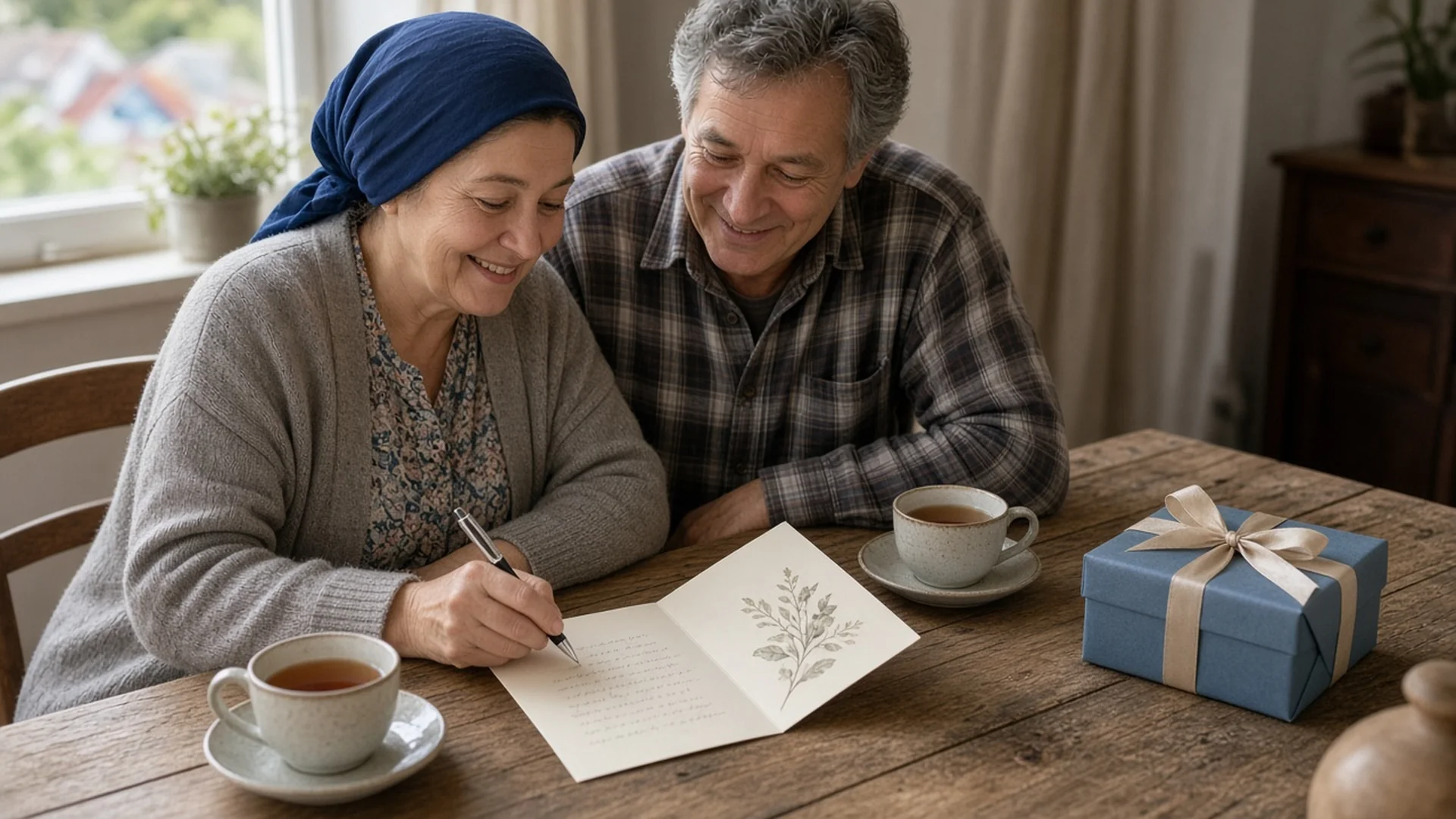 Mother and father signing a birthday card for son together at a wooden table