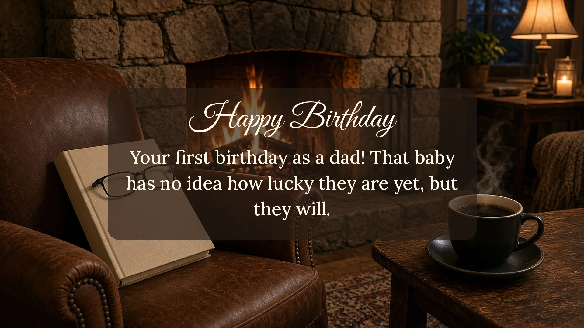 New dad birthday card with leather armchair by the fireplace saying the baby has no idea how lucky they are
