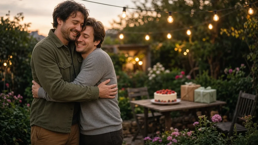 Older brother hugging his younger brother at a backyard birthday celebration under string lights