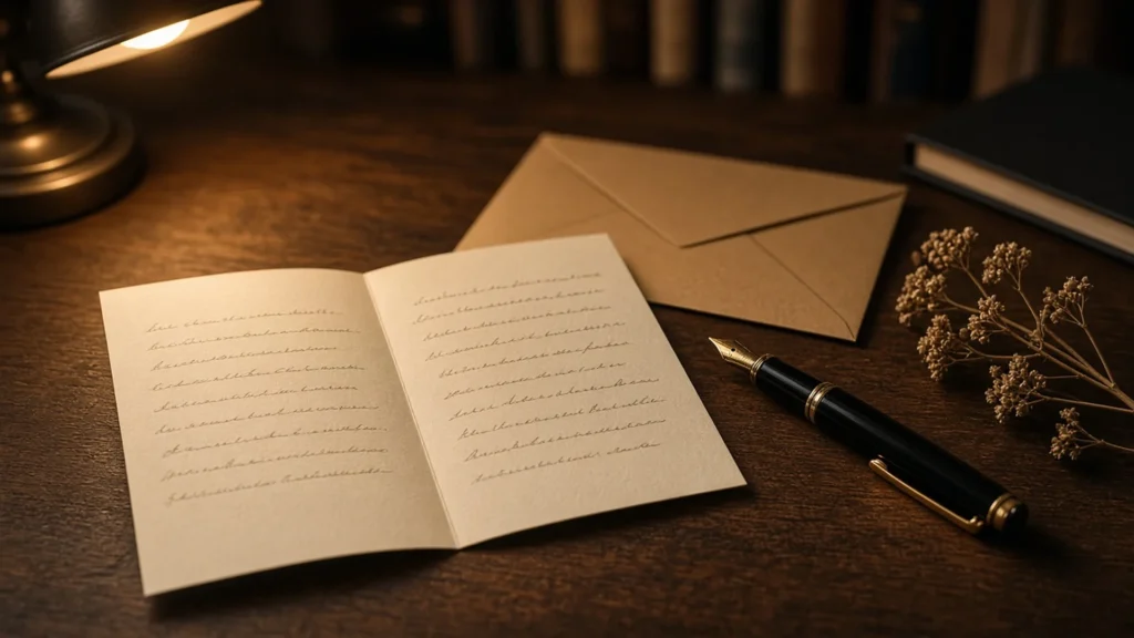 Open handwritten birthday card for brother on a wooden desk with a fountain pen and envelope
