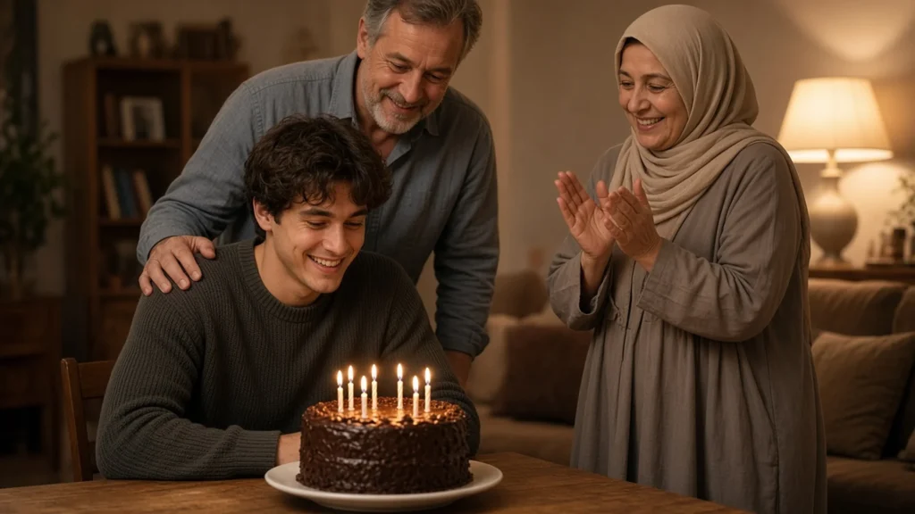 Parents celebrating their grown son over a chocolate birthday cake with happy birthday wishes for son