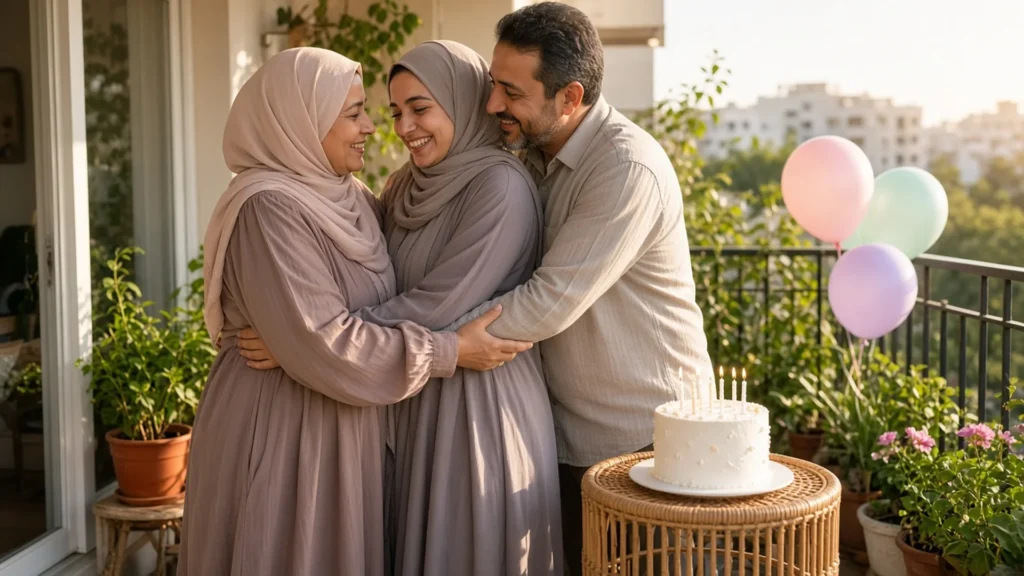 Parents hugging their smiling adult daughter on a balcony with happy birthday wishes for daughter