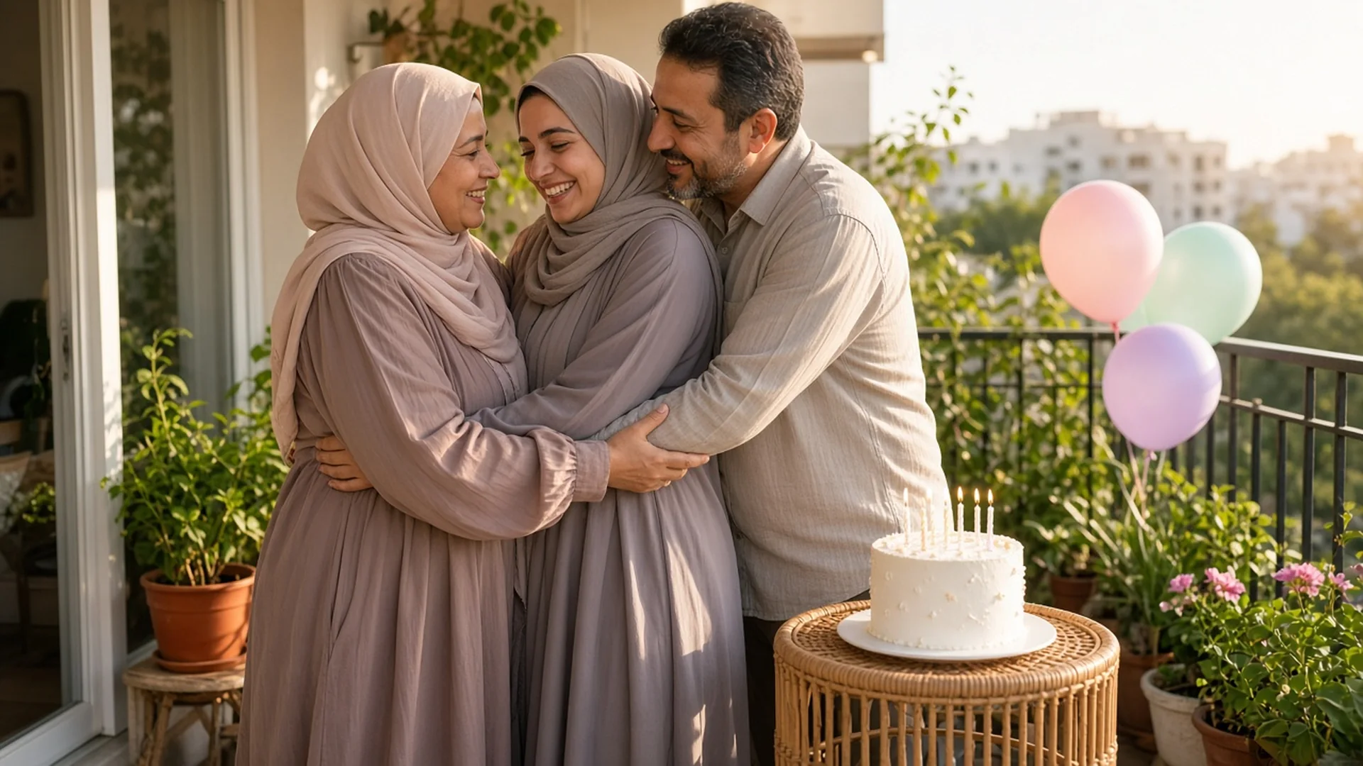 Parents hugging their smiling adult daughter on a balcony with happy birthday wishes for daughter