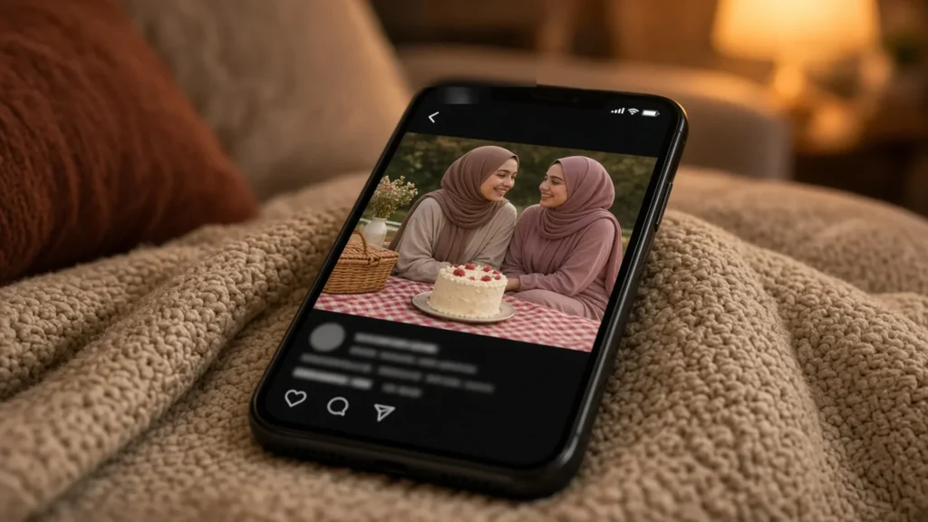 Phone on a blanket showing a social post photo of two sisters at a birthday picnic