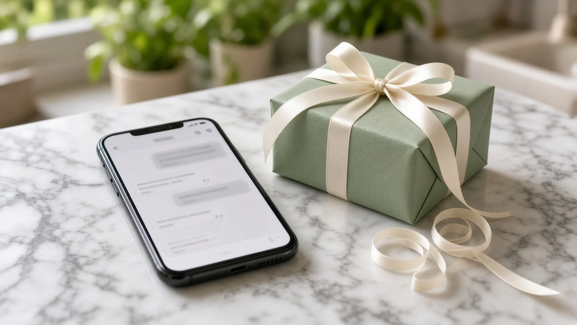 Phone with a birthday text for mom beside a green gift box with cream ribbon on a marble counter