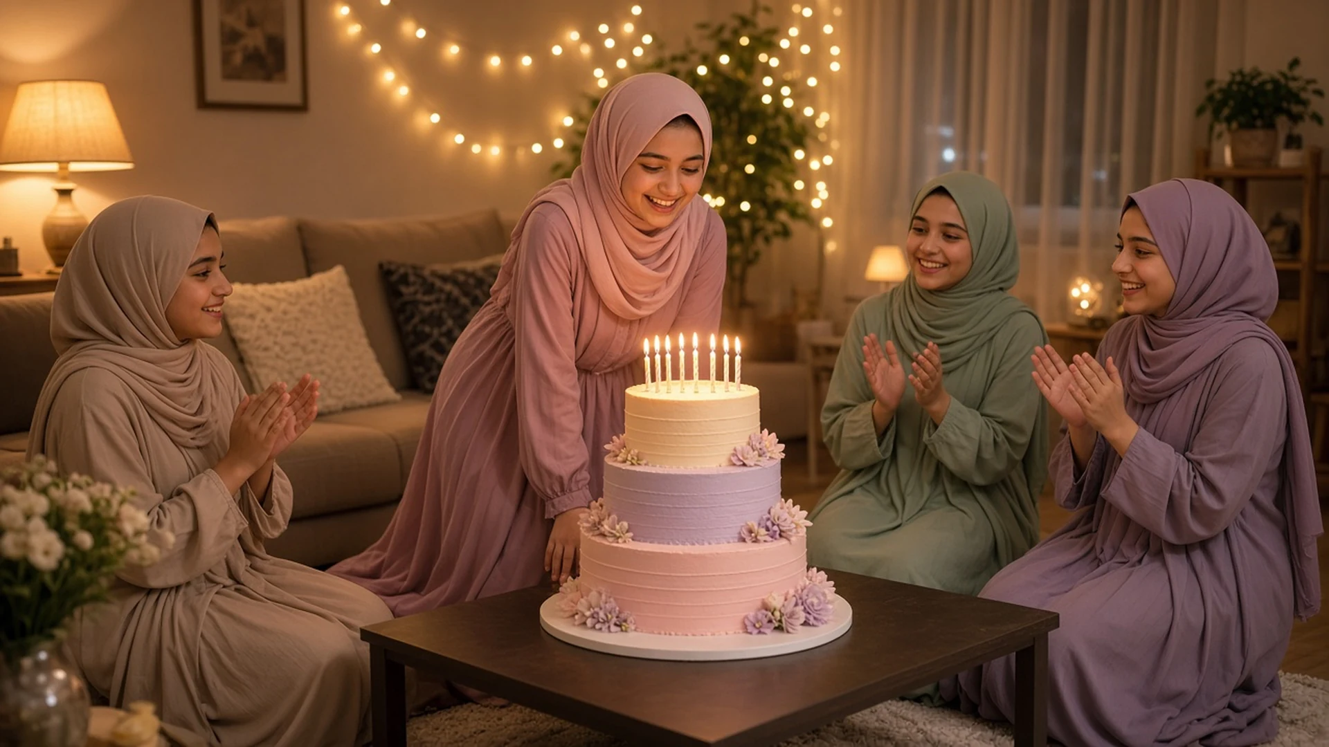 Teen girl smiling over birthday candles as friends clap at a Sweet 16 party for daughter