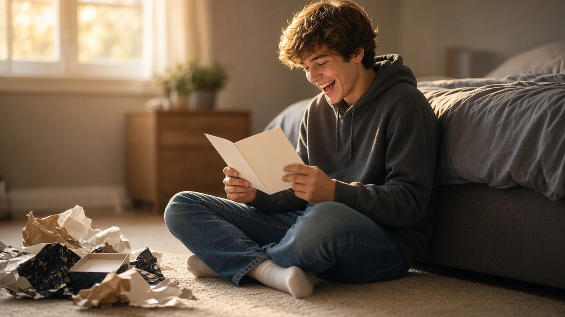Teenage boy laughing while reading a birthday card for son on his bedroom floor