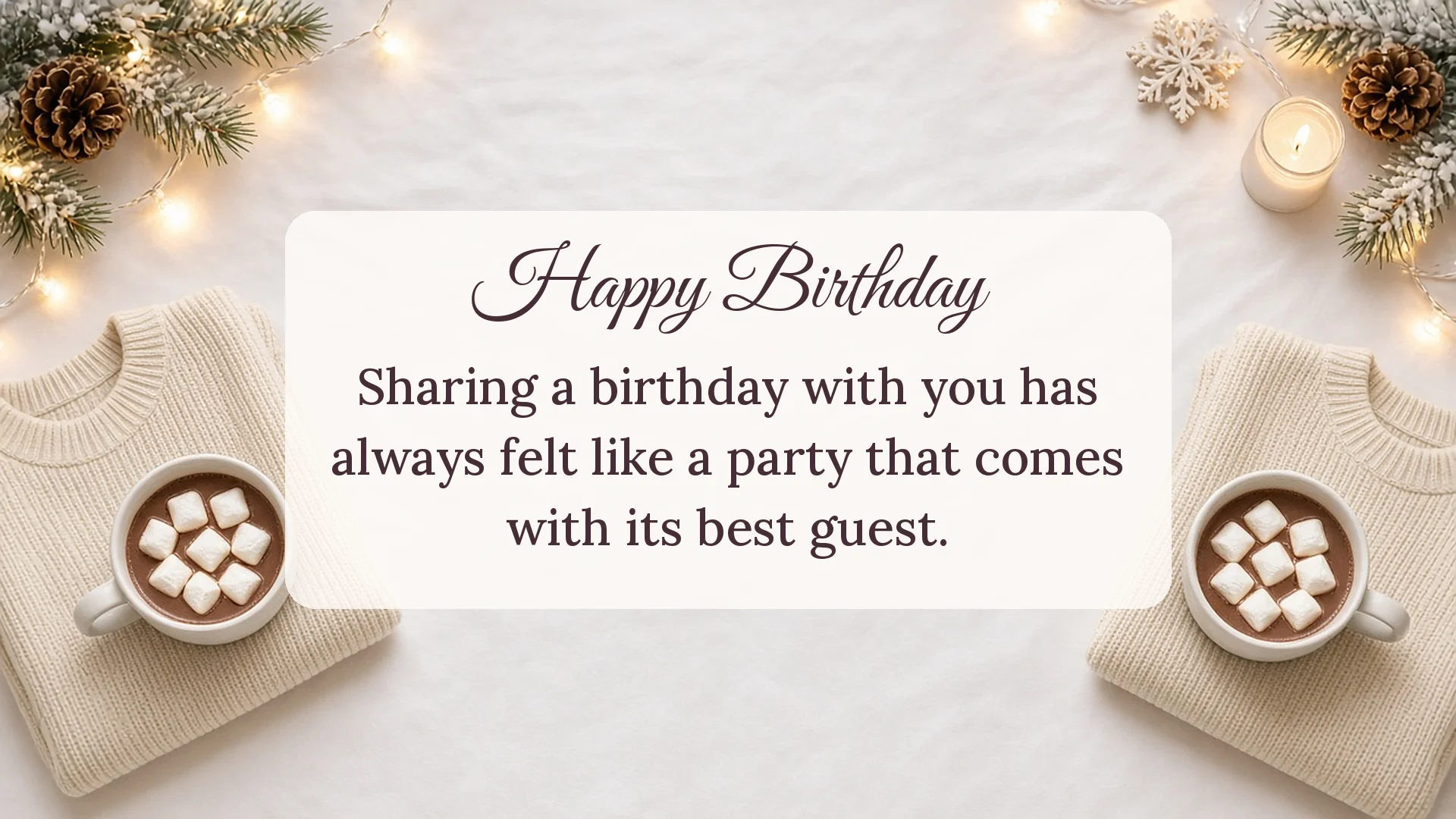 Twin sister birthday card with knit sweaters and hot cocoa about sharing a birthday with the best guest
