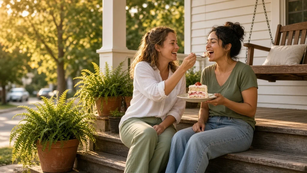 Two friends laughing as they share a slice of birthday cake on a sunlit front porch.
