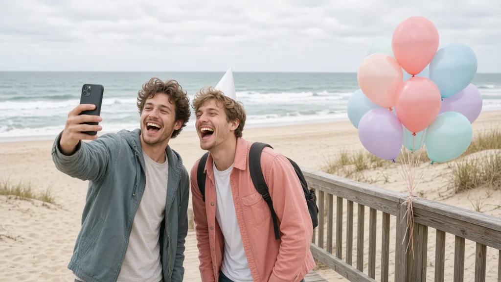 Two friends laughing while taking a birthday selfie on a beach boardwalk with balloons