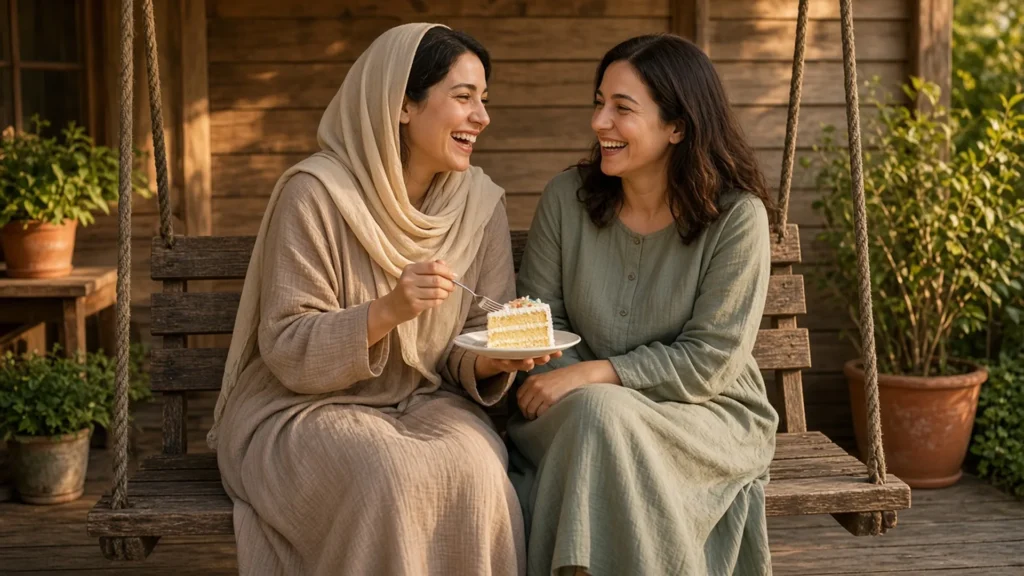 Two sisters sharing a slice of cake on a porch swing with happy birthday wishes for sister