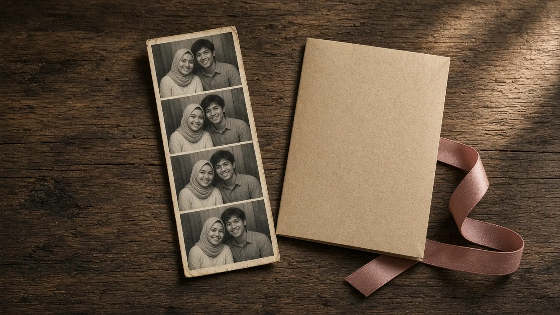 Vintage photo strip of a young couple beside a birthday card for wife and a pink ribbon