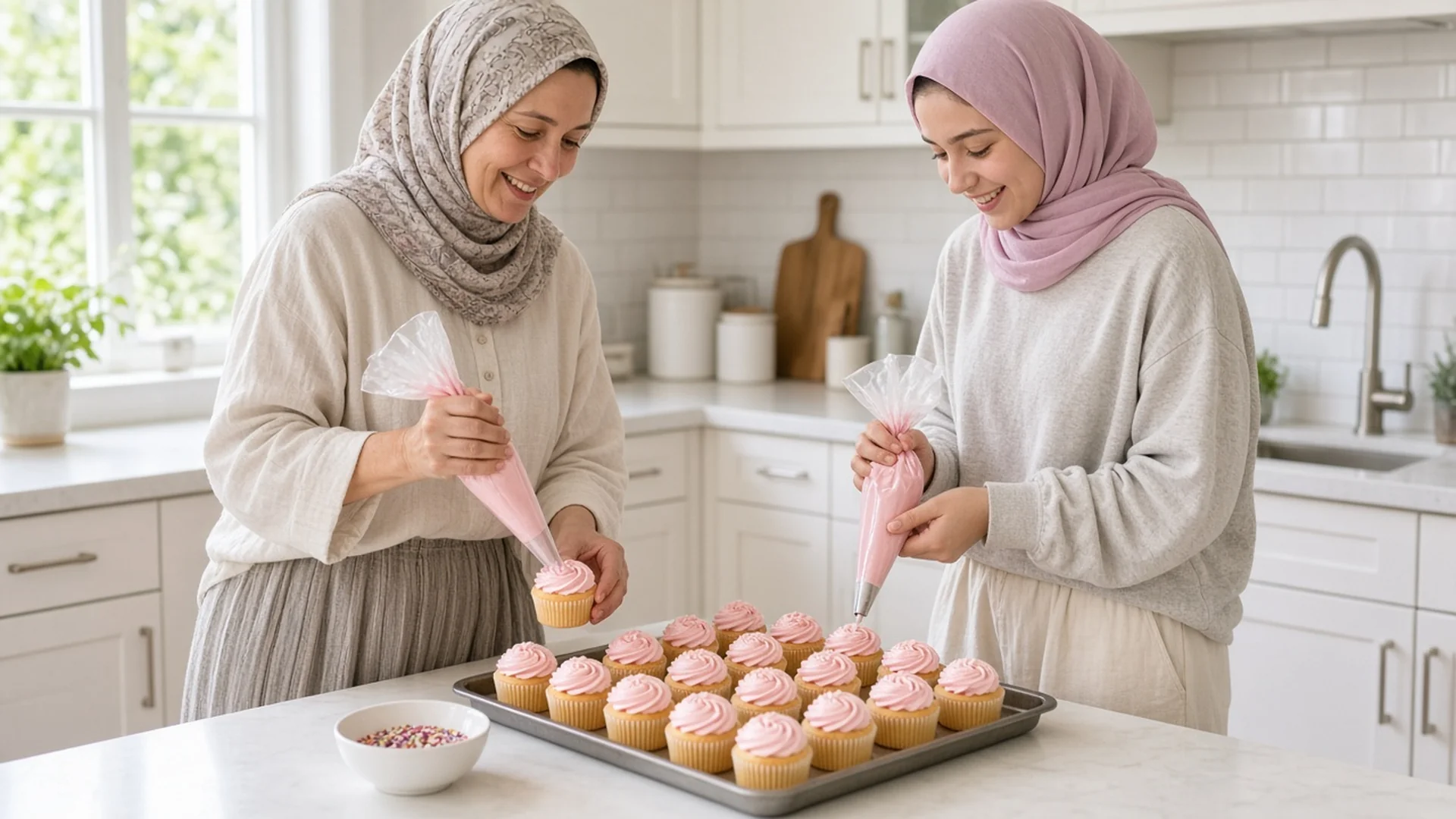 Woman and teenage girl in headscarves smiling while frosting pink cupcakes at a kitchen counter