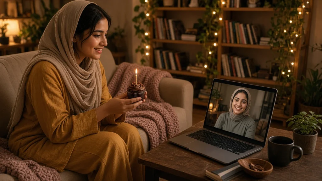 Woman holding a lit birthday cupcake up to her friend on a laptop video call