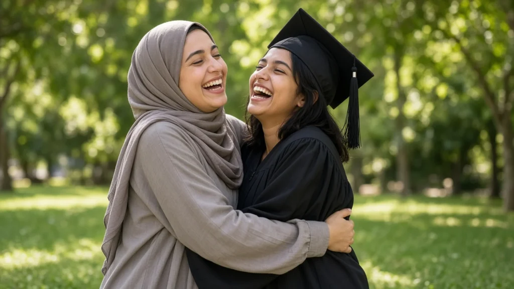 Woman in a headscarf hugging her laughing younger sister in a graduation cap and gown outdoors