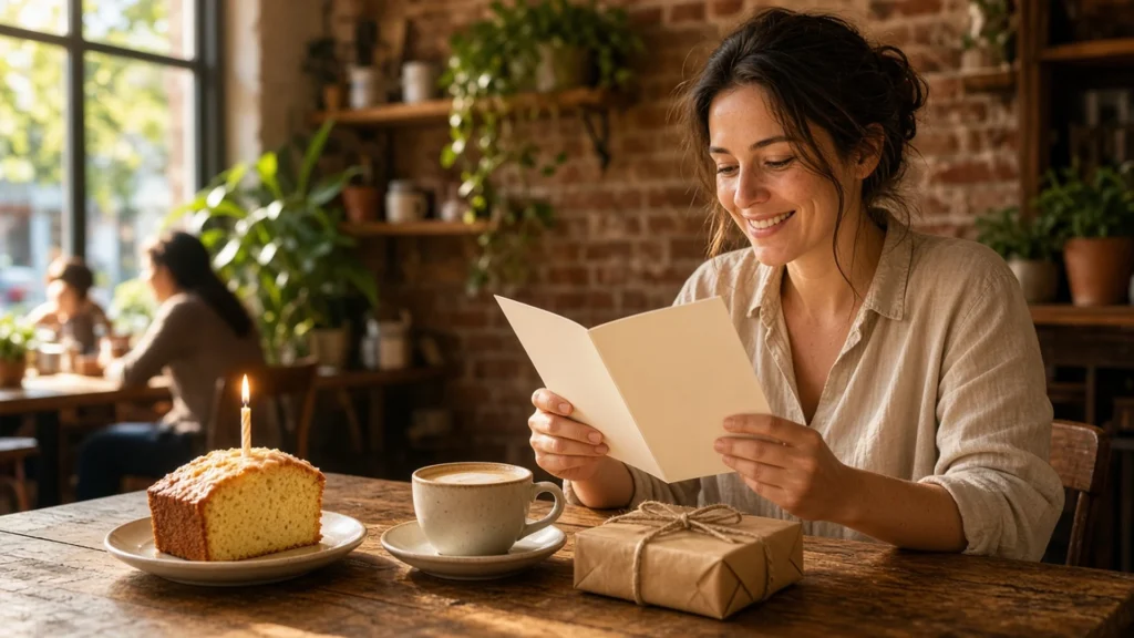 Woman smiling as she reads happy birthday wishes in a card at a sunlit cafe