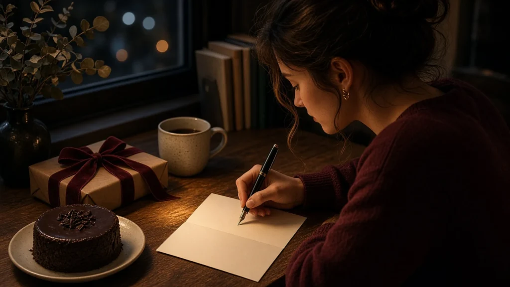 Woman writing happy birthday wishes in a card by lamplight beside a chocolate cake